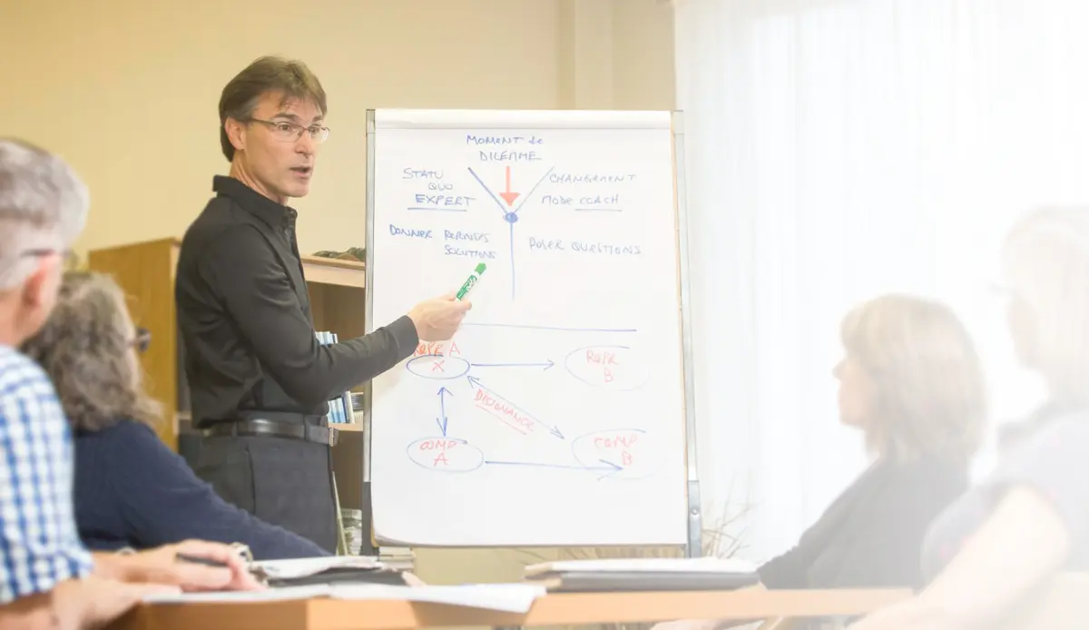 Claude Dionne anime un atelier de groupe devant un tableau sur le passage du mode expert au mode coach